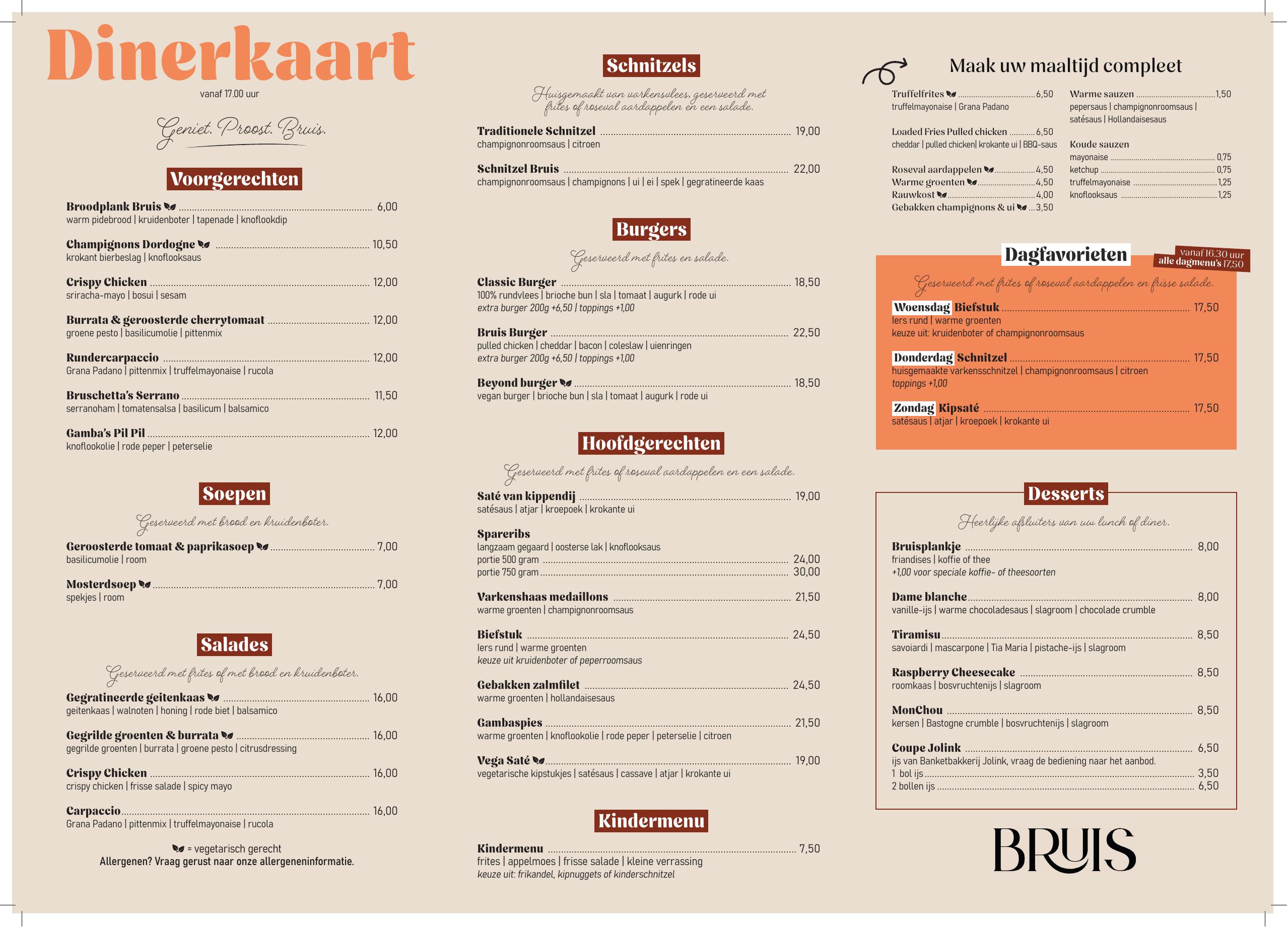 Bruis Zutphen — dinerkaart zomer 2026